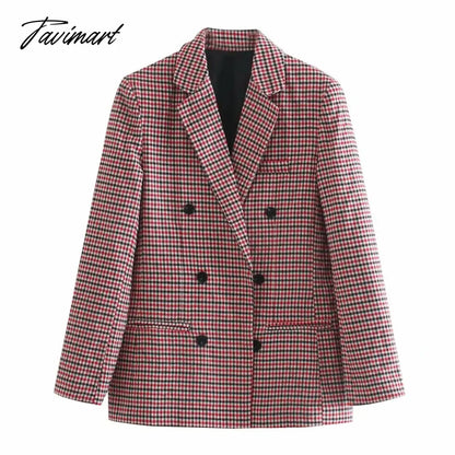 Tavimart Office Ladies Khaki Plaid Tweed Vintage Double Breasted Pockets Oversized Female Coat Za Clothes Outerwear Tops