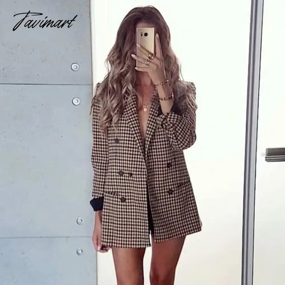 Tavimart Office Ladies Khaki Plaid Tweed Vintage Double Breasted Pockets Oversized Female Coat Za Clothes Outerwear Tops