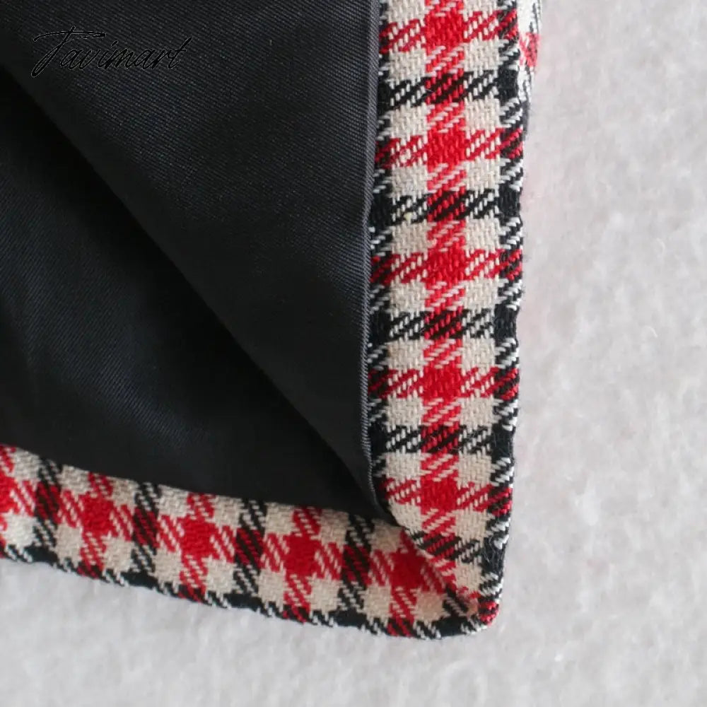 Tavimart Office Ladies Khaki Plaid Tweed Vintage Double Breasted Pockets Oversized Female Coat Za Clothes Outerwear Tops