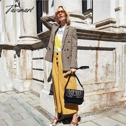 Tavimart Office Ladies Khaki Plaid Tweed Vintage Double Breasted Pockets Oversized Female Coat Za Clothes Outerwear Tops