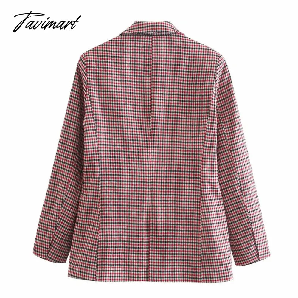 Tavimart Office Ladies Khaki Plaid Tweed Vintage Double Breasted Pockets Oversized Female Coat Za Clothes Outerwear Tops