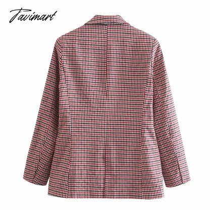 Tavimart Office Ladies Khaki Plaid Tweed Vintage Double Breasted Pockets Oversized Female Coat Za Clothes Outerwear Tops