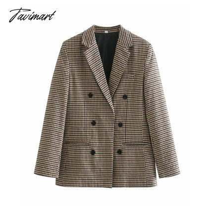 Tavimart Office Ladies Khaki Plaid Tweed Vintage Double Breasted Pockets Oversized Female Coat Za Clothes Outerwear Tops