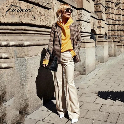 Tavimart Office Ladies Khaki Plaid Tweed Vintage Double Breasted Pockets Oversized Female Coat Za Clothes Outerwear Tops