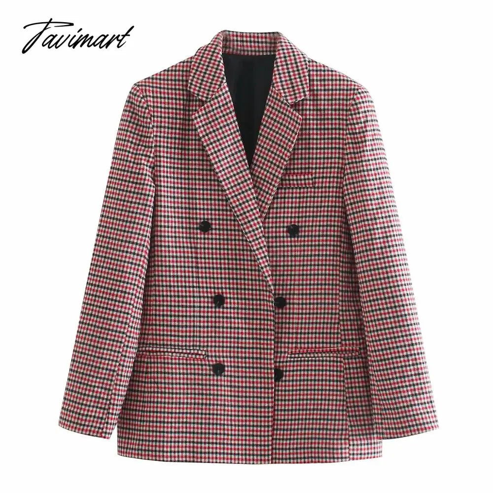 Tavimart Office Ladies Khaki Plaid Tweed Vintage Double Breasted Pockets Oversized Female Coat Za
