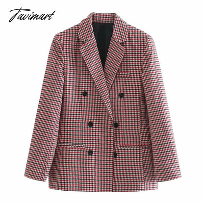 Tavimart Office Ladies Khaki Plaid Tweed Vintage Double Breasted Pockets Oversized Female Coat Za