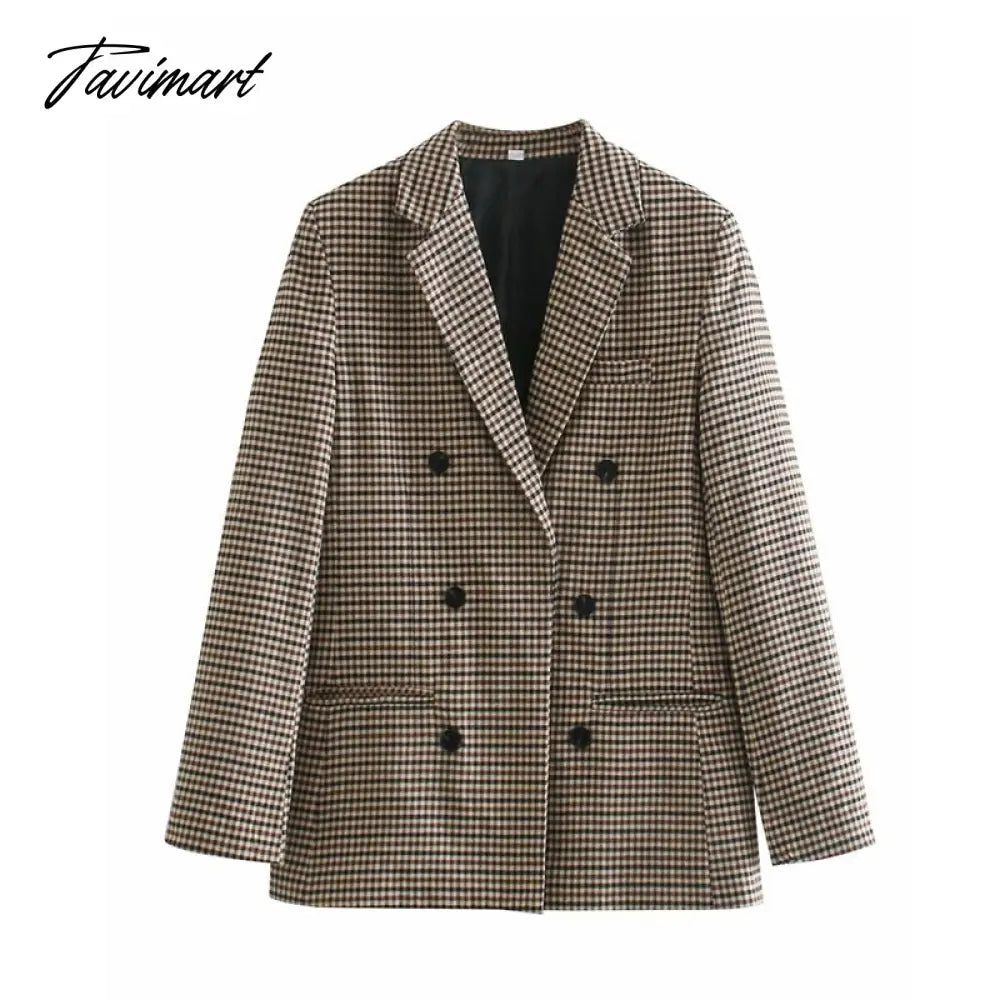 Tavimart Office Ladies Khaki Plaid Tweed Vintage Double Breasted Pockets Oversized Female Coat Za