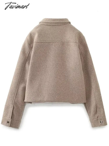 TAVIMART Pockets Cropped Jacket Woman Spring Streetwear Turn Down Collar Long Sleeve Khaki Short Coat Fashion New Chic Outerwear Tops
