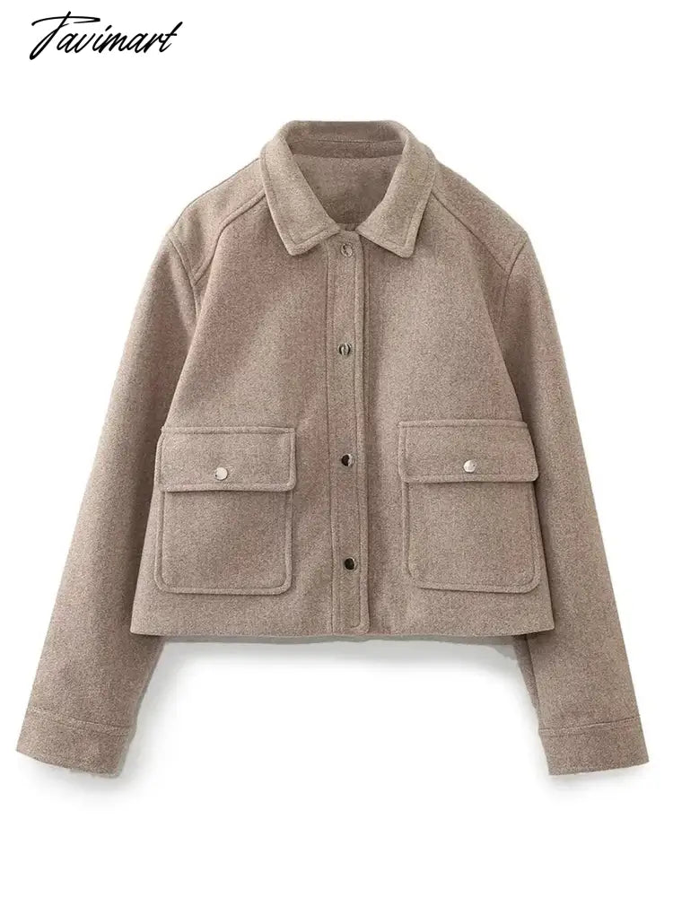 TAVIMART Pockets Cropped Jacket Woman Spring Streetwear Turn Down Collar Long Sleeve Khaki Short Coat Fashion New Chic Outerwear Tops