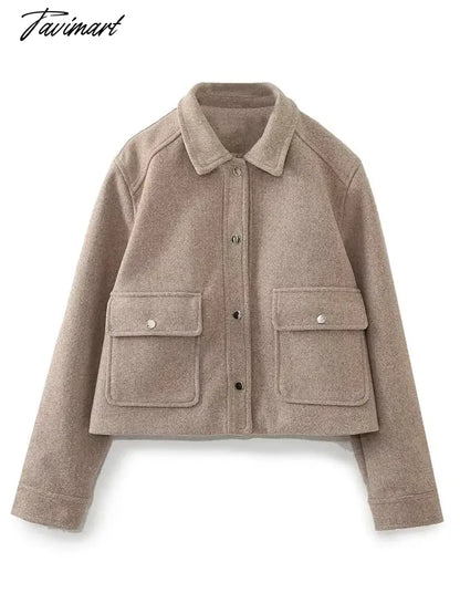TAVIMART Pockets Cropped Jacket Woman Spring Streetwear Turn Down Collar Long Sleeve Khaki Short Coat Fashion New Chic Outerwear Tops