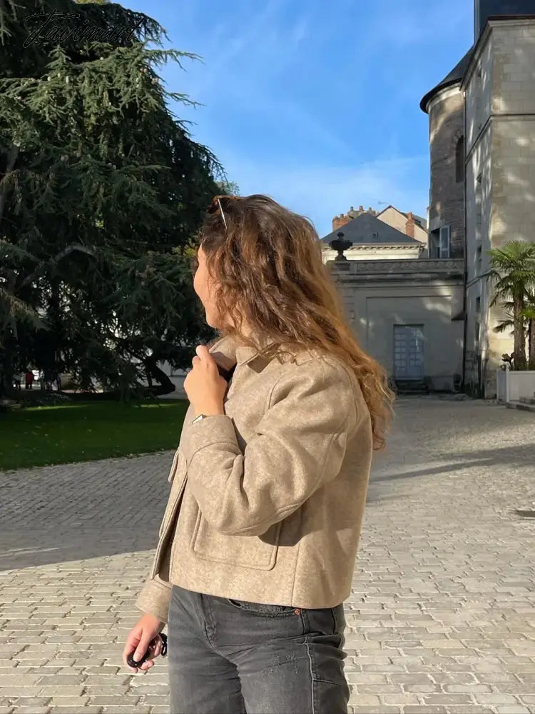 TAVIMART Pockets Cropped Jacket Woman Spring Streetwear Turn Down Collar Long Sleeve Khaki Short Coat Fashion New Chic Outerwear Tops