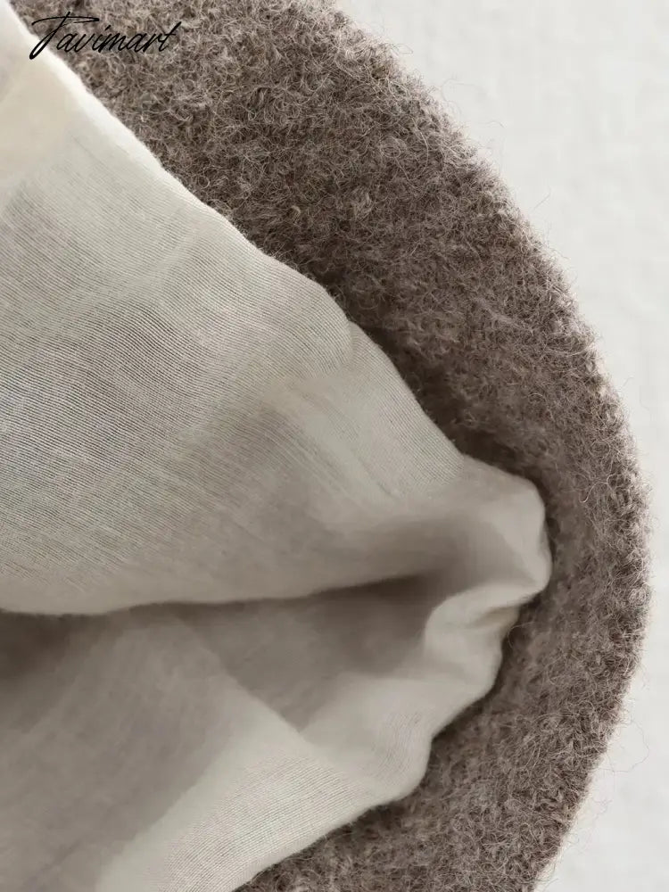 Tavimart Solid Faux Woolen Blend Jacket For Woman 2024 Winter Warm Solid V-neck Single Breasted Loose Coats Fashion New All-matc Jackets