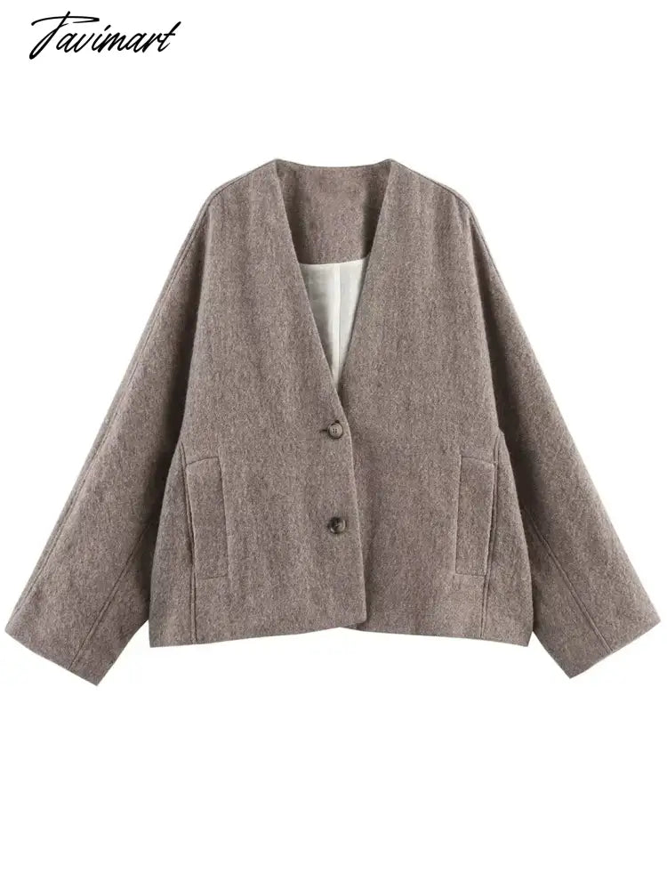 Tavimart Solid Faux Woolen Blend Jacket For Woman 2024 Winter Warm Solid V-neck Single Breasted Loose Coats Fashion New All-matc Jackets