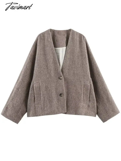 Tavimart Solid Faux Woolen Blend Jacket For Woman 2024 Winter Warm Solid V-neck Single Breasted Loose Coats Fashion New All-matc Jackets