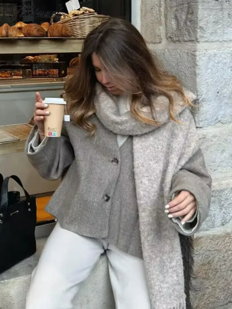 Tavimart Solid Faux Woolen Blend Jacket For Woman 2024 Winter Warm Solid V-neck Single Breasted Loose Coats Fashion New All-matc Jackets