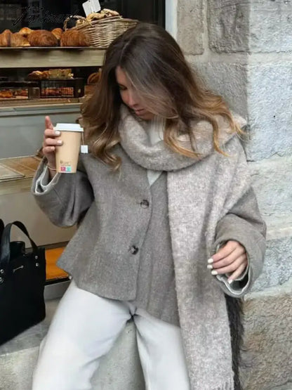 Tavimart Solid Faux Woolen Blend Jacket For Woman 2024 Winter Warm Solid V-neck Single Breasted Loose Coats Fashion New All-matc Jackets