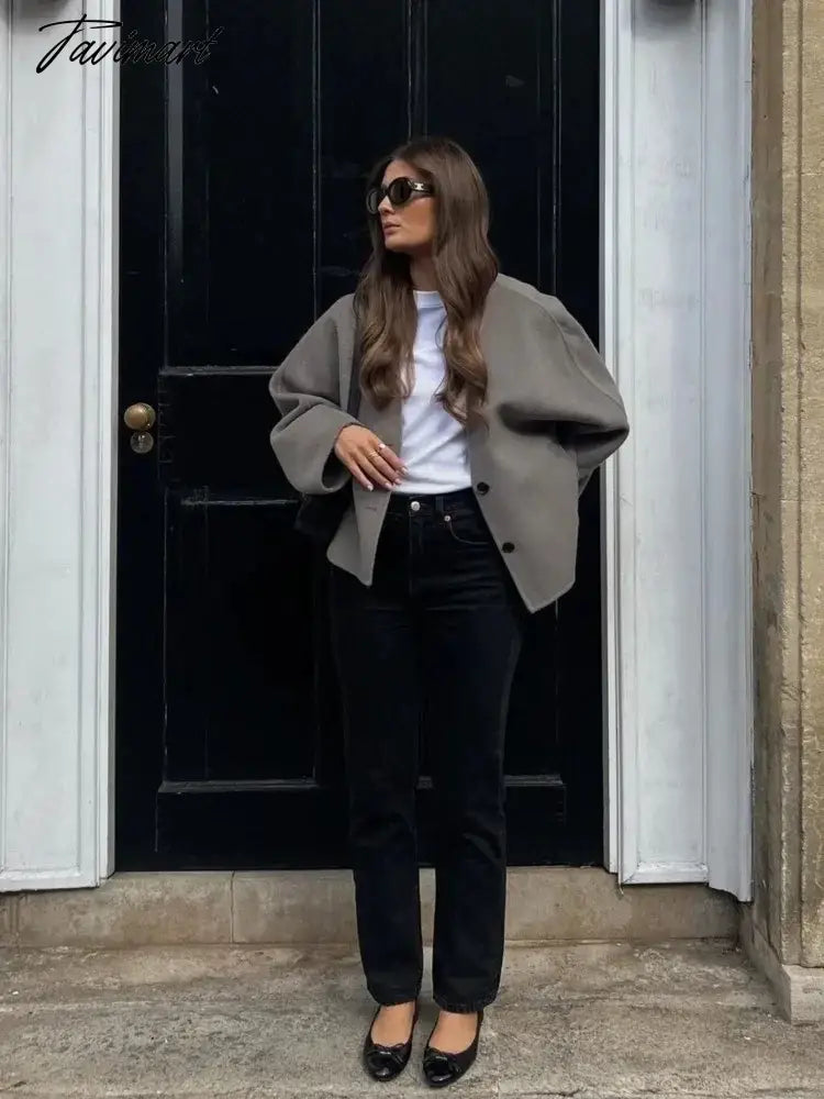 Tavimart Solid V-neck Single Breasted Long Sleeved Jacket Women's Fashion Casual Autumn Winter Warm Coat Female Chic Street Outwear