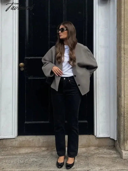 Tavimart Solid V-neck Single Breasted Long Sleeved Jacket Women's Fashion Casual Autumn Winter Warm Coat Female Chic Street Outwear