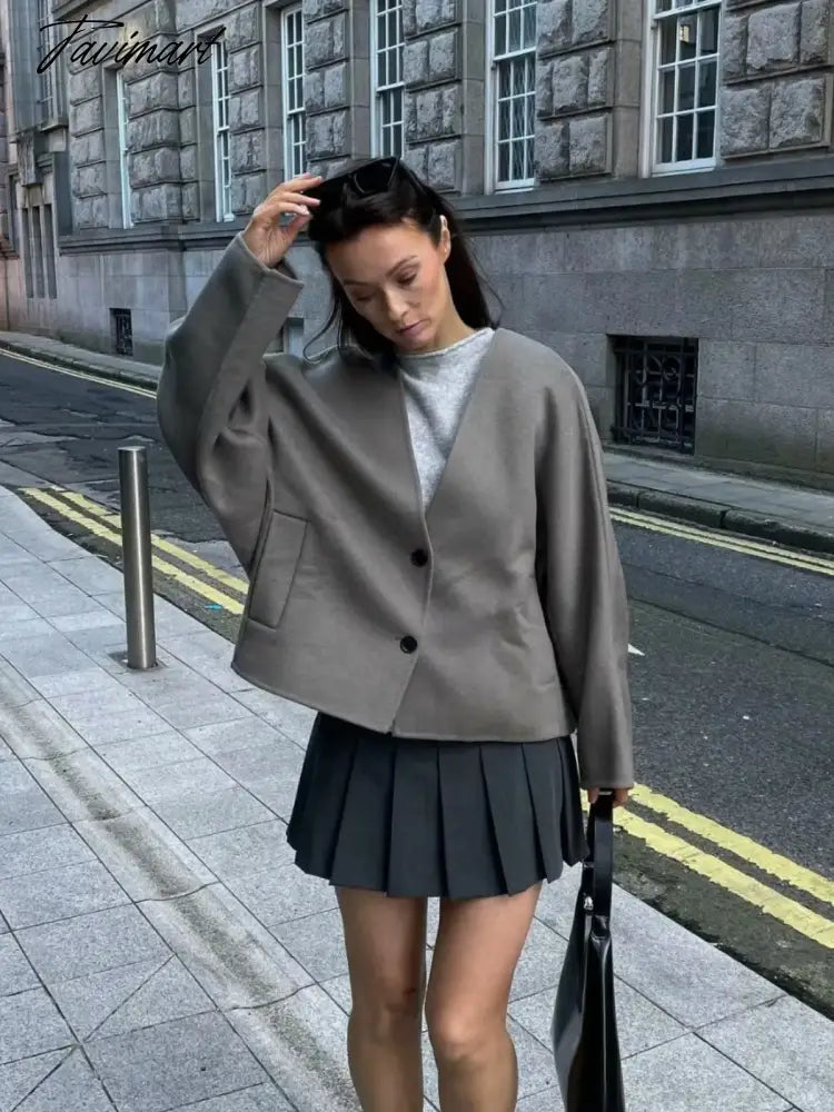 Tavimart Solid V-neck Single Breasted Long Sleeved Jacket Women's Fashion Casual Autumn Winter Warm Coat Female Chic Street Outwear
