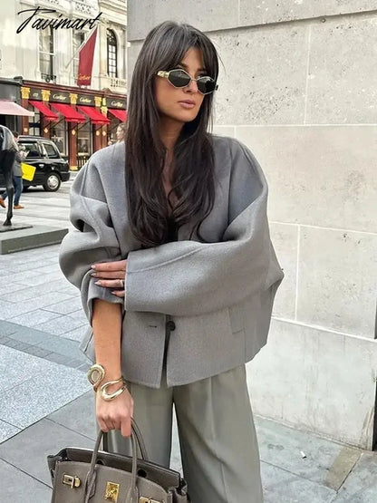 Tavimart Solid V-neck Single Breasted Long Sleeved Jacket Women's Fashion Casual Autumn Winter Warm Coat Female Chic Street Outwear