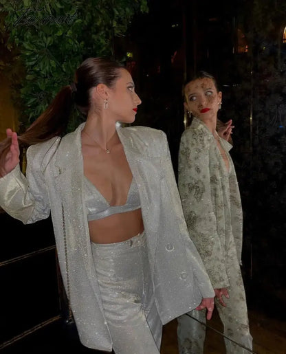 Tavimart Sparkly Blazers For Women Oversized Loose Sliver Black Gliiter Casual Jackets Blazer Set Pink Coat Women Party Outfits