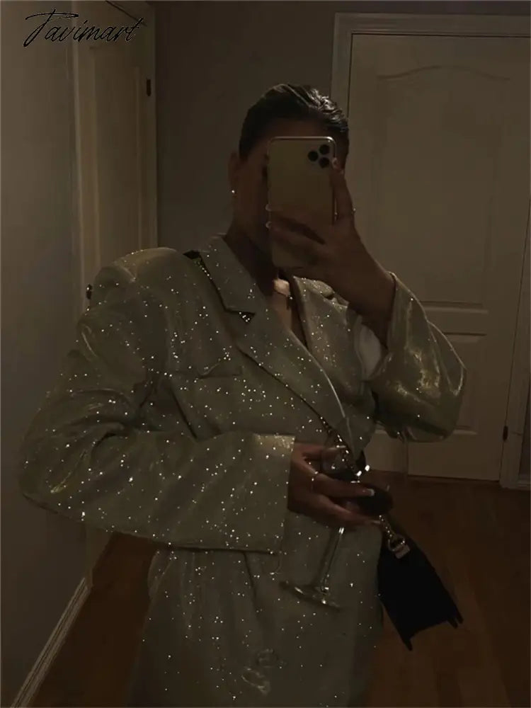 Tavimart Sparkly Blazers For Women Oversized Loose Sliver Black Gliiter Casual Jackets Blazer Set Pink Coat Women Party Outfits