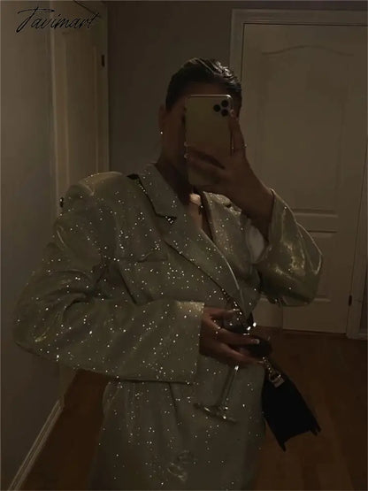 Tavimart Sparkly Blazers For Women Oversized Loose Sliver Black Gliiter Casual Jackets Blazer Set Pink Coat Women Party Outfits