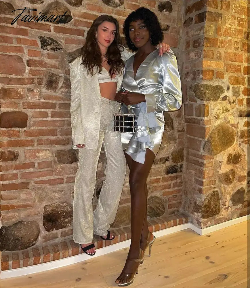 Tavimart Sparkly Blazers For Women Oversized Loose Sliver Black Gliiter Casual Jackets Blazer Set Pink Coat Women Party Outfits