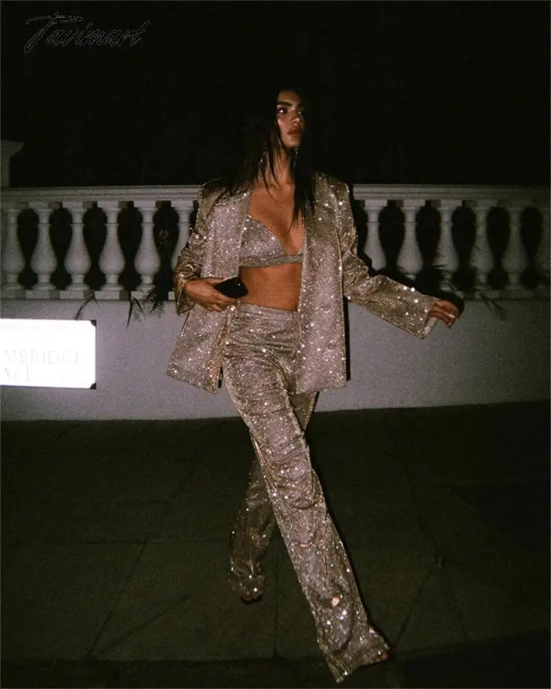 Tavimart Sparkly Blazers For Women Oversized Loose Sliver Black Gliiter Casual Jackets Blazer Set Pink Coat Women Party Outfits