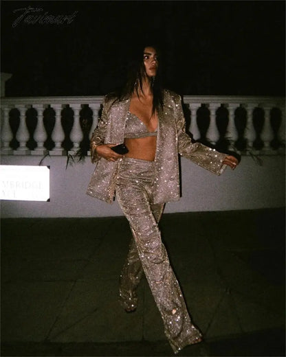 Tavimart Sparkly Blazers For Women Oversized Loose Sliver Black Gliiter Casual Jackets Blazer Set Pink Coat Women Party Outfits