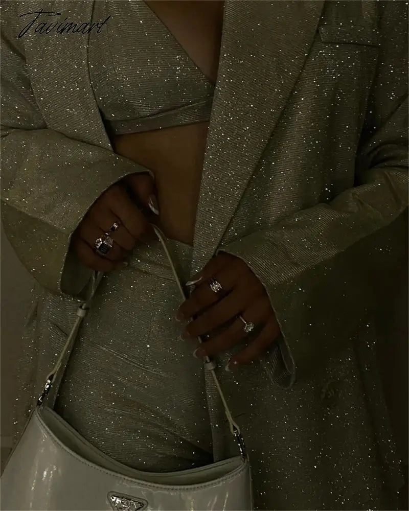 Tavimart Sparkly Blazers For Women Oversized Loose Sliver Black Gliiter Casual Jackets Blazer Set Pink Coat Women Party Outfits