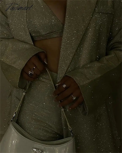 Tavimart Sparkly Blazers For Women Oversized Loose Sliver Black Gliiter Casual Jackets Blazer Set Pink Coat Women Party Outfits