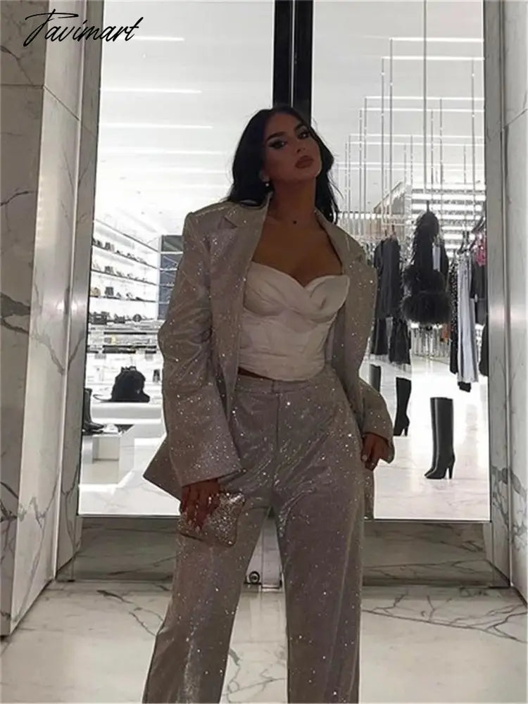 Tavimart Sparkly Blazers For Women Oversized Loose Sliver Black Gliiter Casual Jackets Blazer Set Pink Coat Women Party Outfits