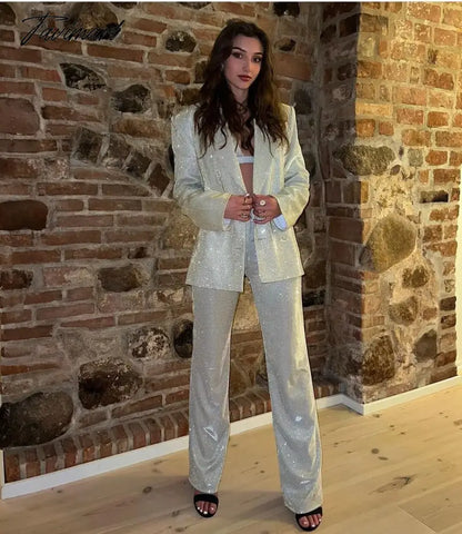 Tavimart Sparkly Blazers For Women Oversized Loose Sliver Black Gliiter Casual Jackets Blazer Set Pink Coat Women Party Outfits