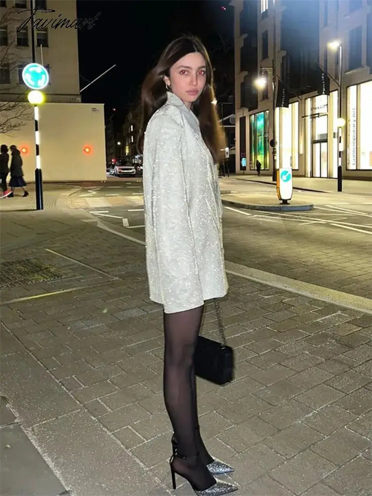 Tavimart Sparkly Blazers For Women Oversized Loose Sliver Black Gliiter Casual Jackets Blazer Set Pink Coat Women Party Outfits