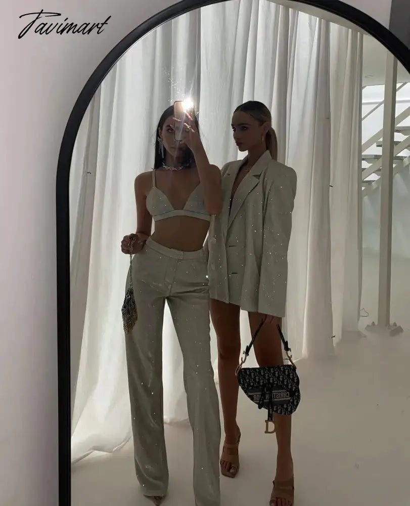 Tavimart Sparkly Blazers For Women Oversized Loose Sliver Black Gliiter Casual Jackets Blazer Set Pink Coat Women Party Outfits