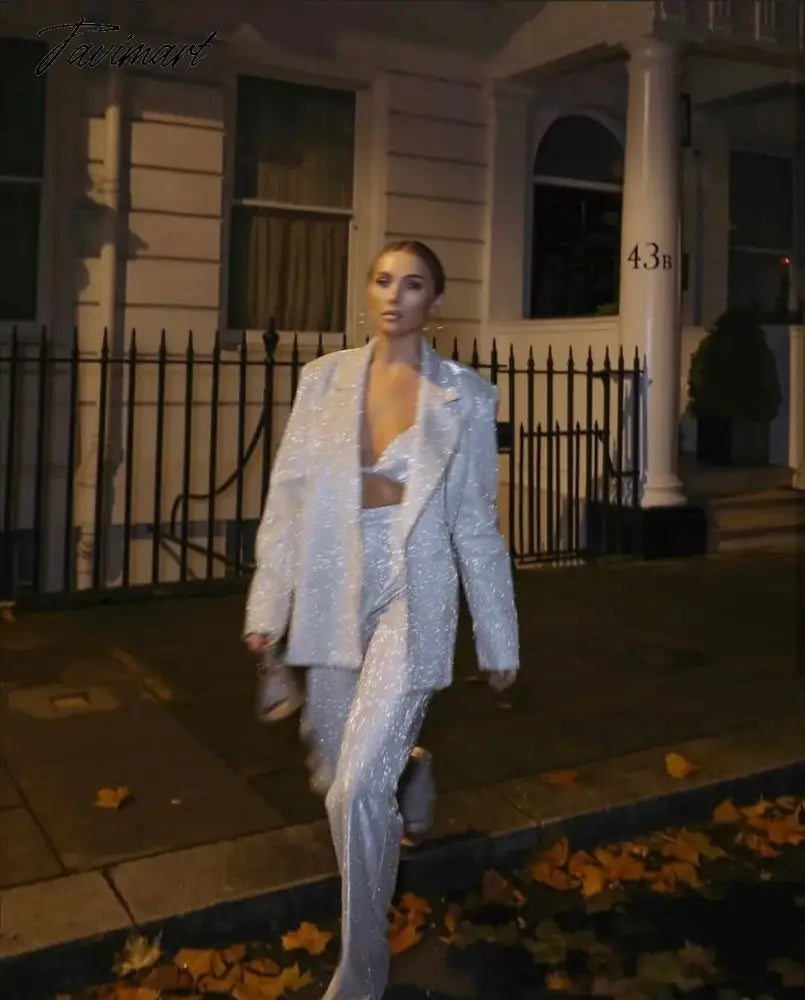 Tavimart Sparkly Blazers For Women Oversized Loose Sliver Black Gliiter Casual Jackets Blazer Set Pink Coat Women Party Outfits