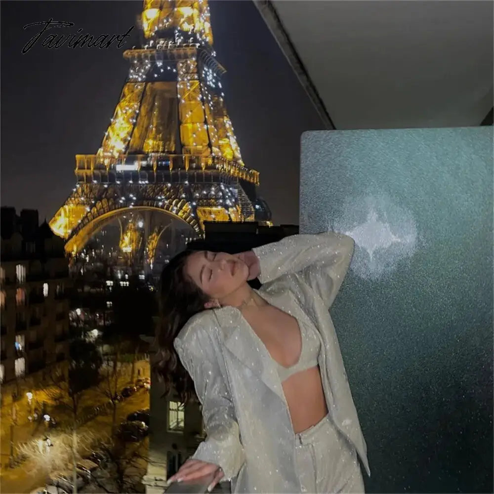 Tavimart Sparkly Blazers For Women Oversized Loose Sliver Black Gliiter Casual Jackets Blazer Set Pink Coat Women Party Outfits