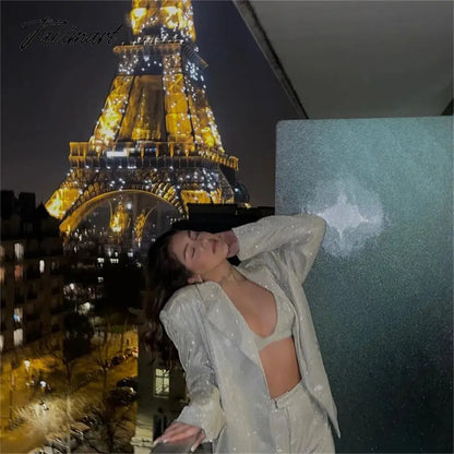 Tavimart Sparkly Blazers For Women Oversized Loose Sliver Black Gliiter Casual Jackets Blazer Set Pink Coat Women Party Outfits