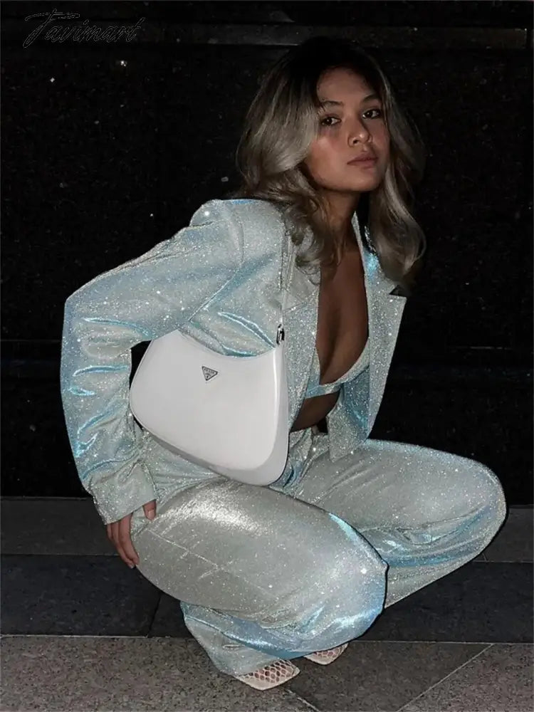 Tavimart Sparkly Blazers For Women Oversized Loose Sliver Black Gliiter Casual Jackets Blazer Set Pink Coat Women Party Outfits