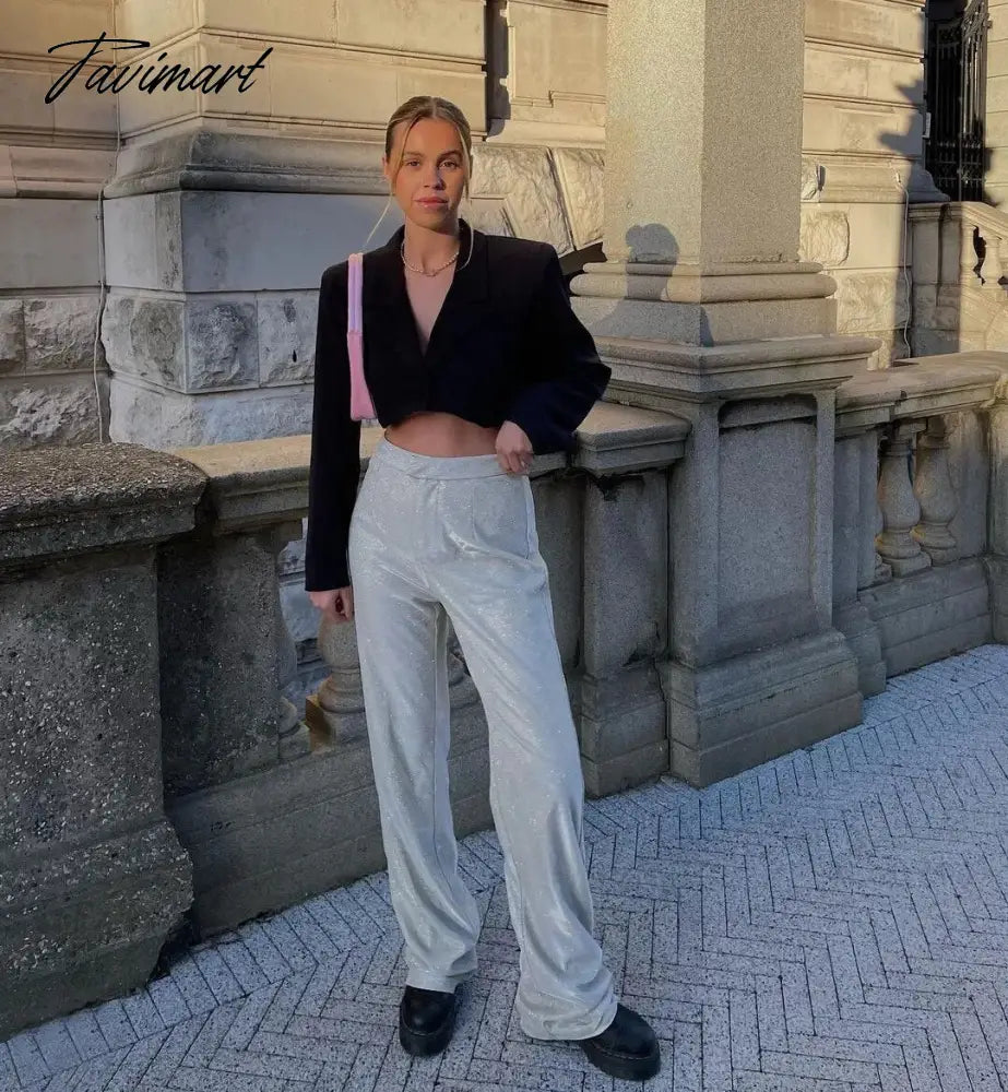 Tavimart Sparkly Blazers For Women Oversized Loose Sliver Black Gliiter Casual Jackets Blazer Set Pink Coat Women Party Outfits