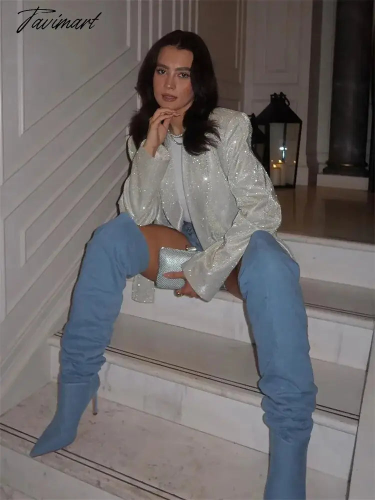 Tavimart Sparkly Blazers For Women Oversized Loose Sliver Black Gliiter Casual Jackets Blazer Set Pink Coat Women Party Outfits