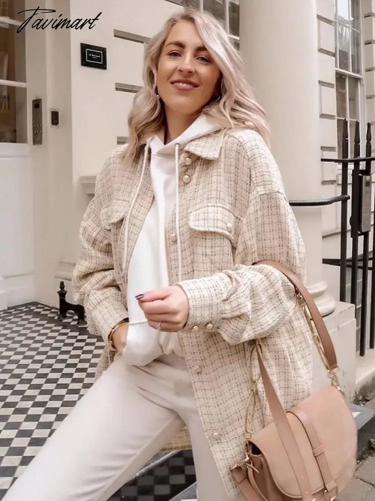 Tavimart Stylish Chic Turn-down Collar Pockets Jacket Women Vintage Small Fragrance Tweed Coat Spring Autumn Casual Outwear For Women