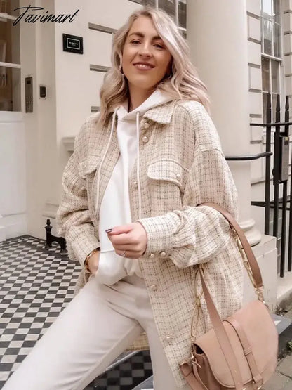 Tavimart Stylish Chic Turn-down Collar Pockets Jacket Women Vintage Small Fragrance Tweed Coat Spring Autumn Casual Outwear For Women