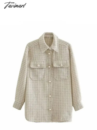 Tavimart Stylish Chic Turn-down Collar Pockets Jacket Women Vintage Small Fragrance Tweed Coat Spring Autumn Casual Outwear For Women
