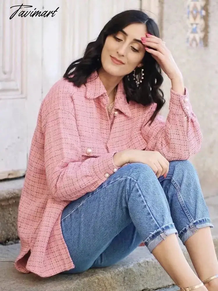 Tavimart Stylish Chic Turn-down Collar Pockets Jacket Women Vintage Small Fragrance Tweed Coat Spring Autumn Casual Outwear For Women