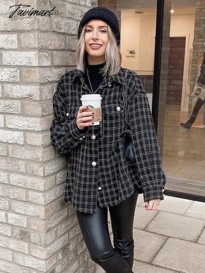 Tavimart Stylish Chic Turn-down Collar Pockets Jacket Women Vintage Small Fragrance Tweed Coat Spring Autumn Casual Outwear For Women