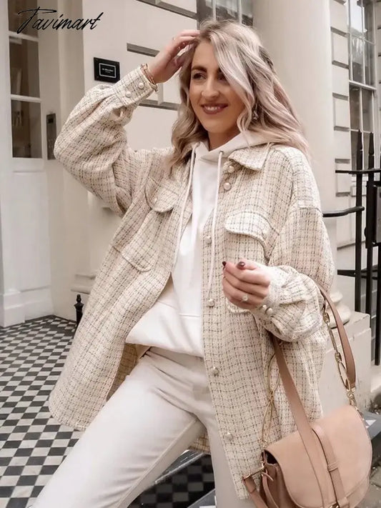 Tavimart Stylish Chic Turn-down Collar Pockets Jacket Women Vintage Small Fragrance Tweed Coat Spring Autumn Casual Outwear For Women