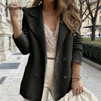 Tavimart Turn Down Collar Double Breasted Women Outerwear Casual Streetwear Loose Long Sleeve Coat