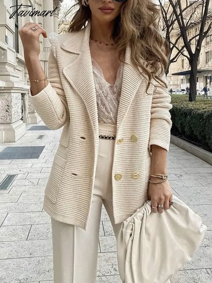 Tavimart Turn Down Collar Double Breasted Women Outerwear Casual Streetwear Loose Long Sleeve Coat Femme Autumn Winter Office Vintage Top